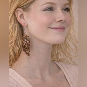 Handmade Wooden Feather Dangle Earrings Engraved Glitter Detail Boho Chic NEW